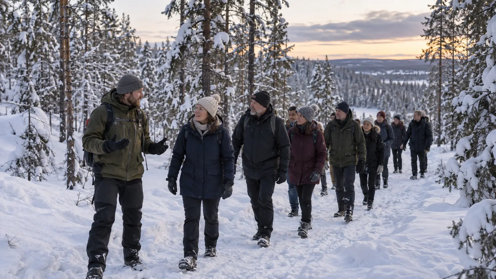 Guided group walk through a snowy Rovaniemi forest