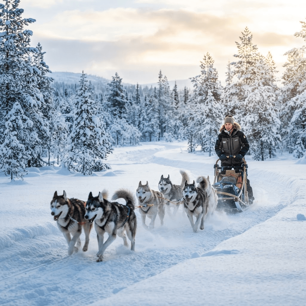 Husky experience in the snowy landscape of Rovaniemi, Finnish Lapland