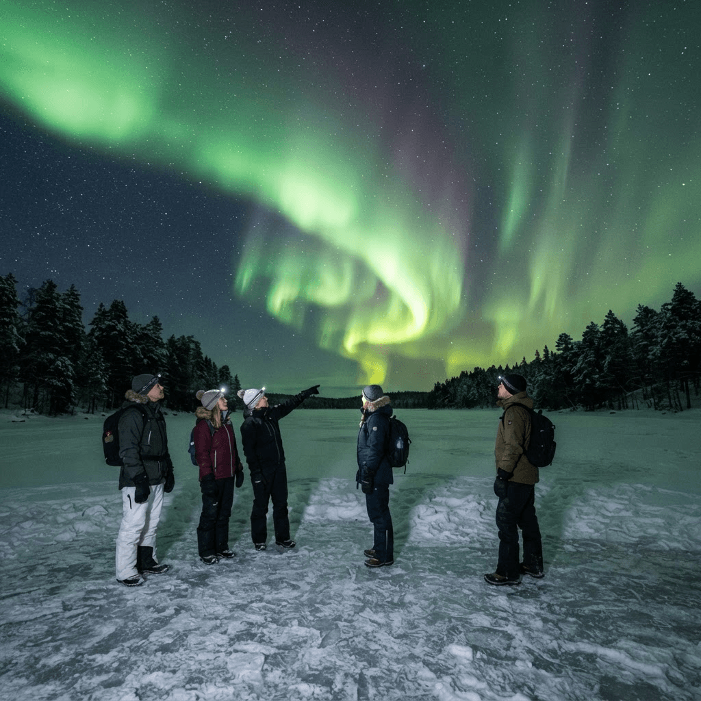 Northern Lights above a winter landscape near Rovaniemi, Finnish Lapland