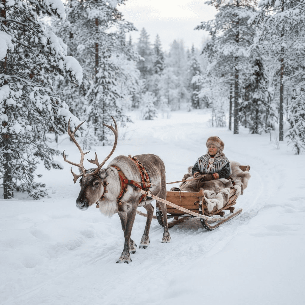 Reindeer experience in snowy Rovaniemi, Finnish Lapland